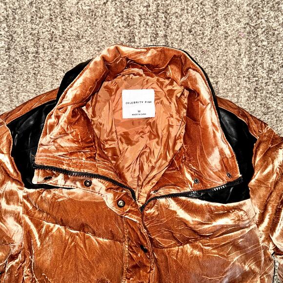 Celebrity Pink Velvet Crop Puffer Jacket Women's Outerwear Coat in Cognac - Picture 2 of 12